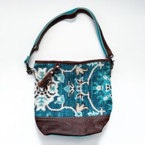 Myra Teal Blue Canvas Brown Leather Bucket Shoulder Bag